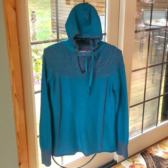 Eddie Bauer Long Slv Teal Sweater with Cable Knit Trim Sz. S Hoodie - Picture 1 of 11
